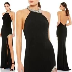 Mac Duggal 26533 Slit Black Halter Gown Maxi Jersey Stretch Rhinestones Size 0